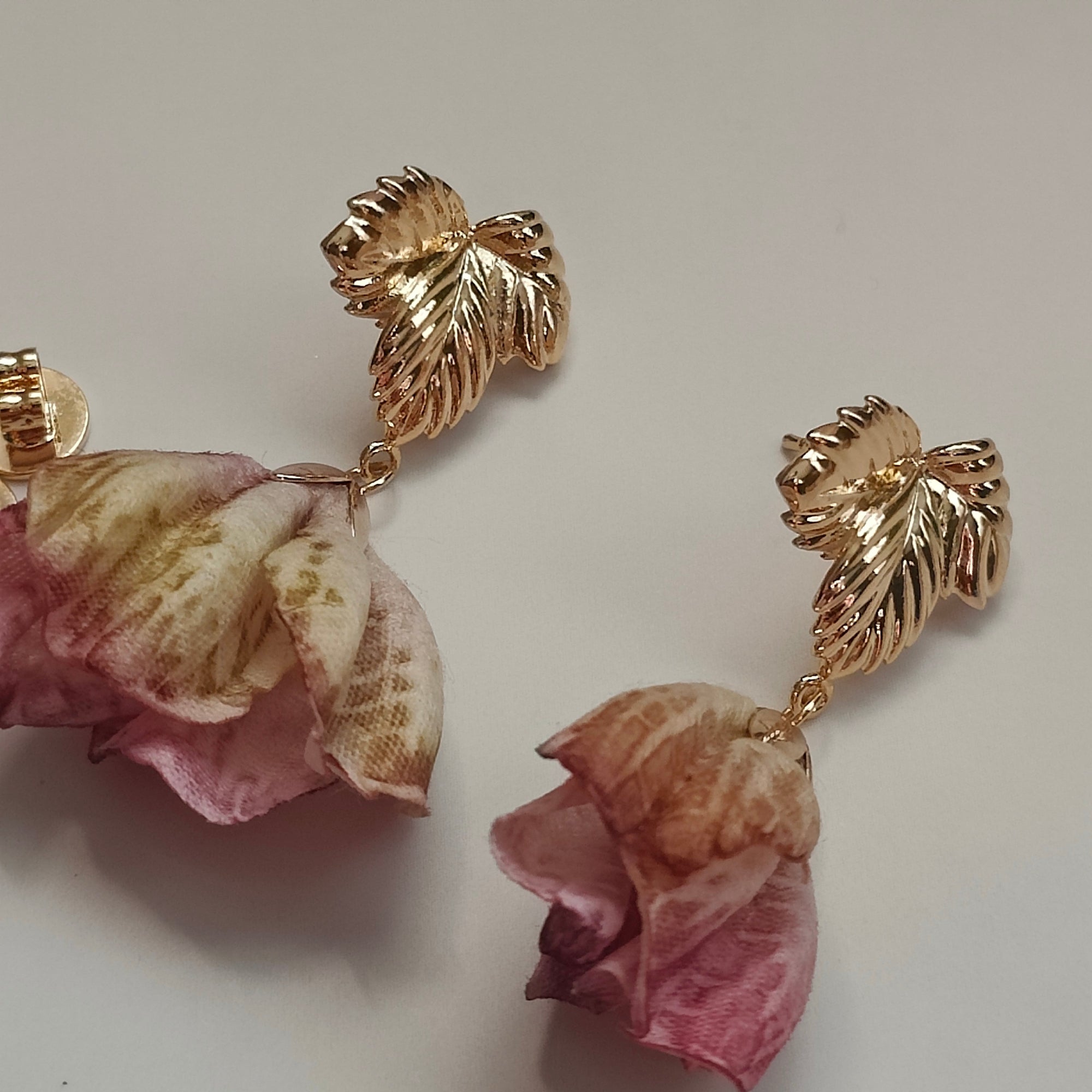 Katharina Handmade 18K Gold Plated Leaf and Pink Flower Copper Stud Drop Earrings