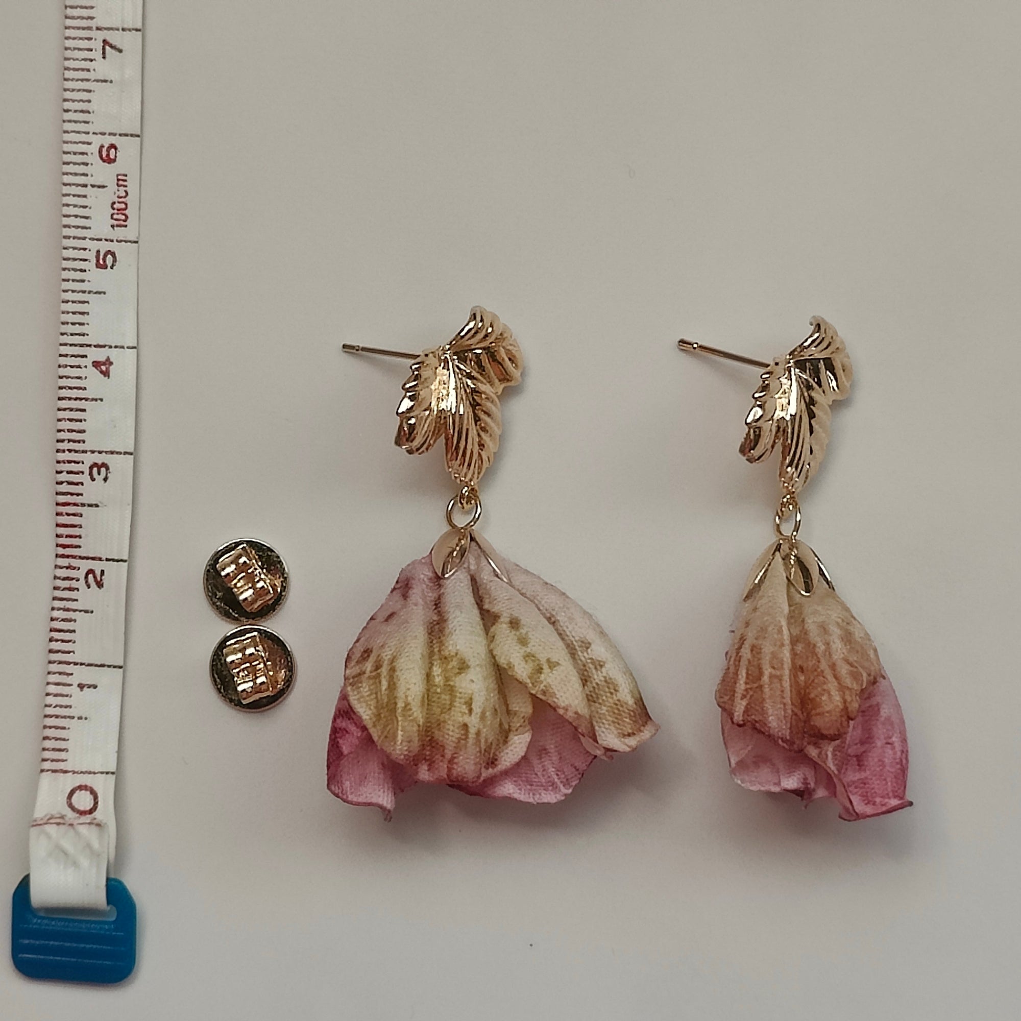 Katharina Handmade 18K Gold Plated Leaf and Pink Flower Copper Stud Drop Earrings