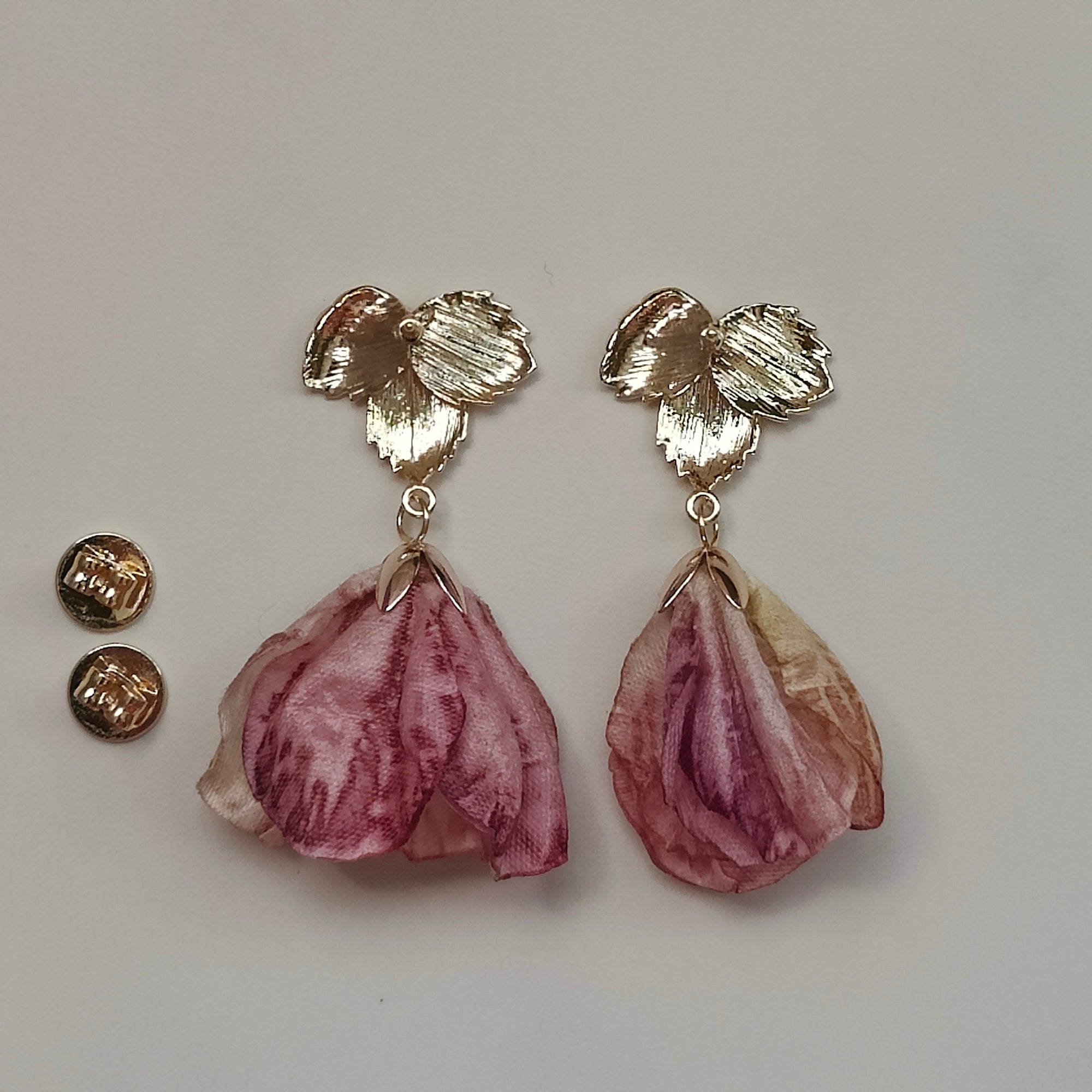 Katharina Handmade 18K Gold Plated Leaf and Pink Flower Copper Stud Drop Earrings