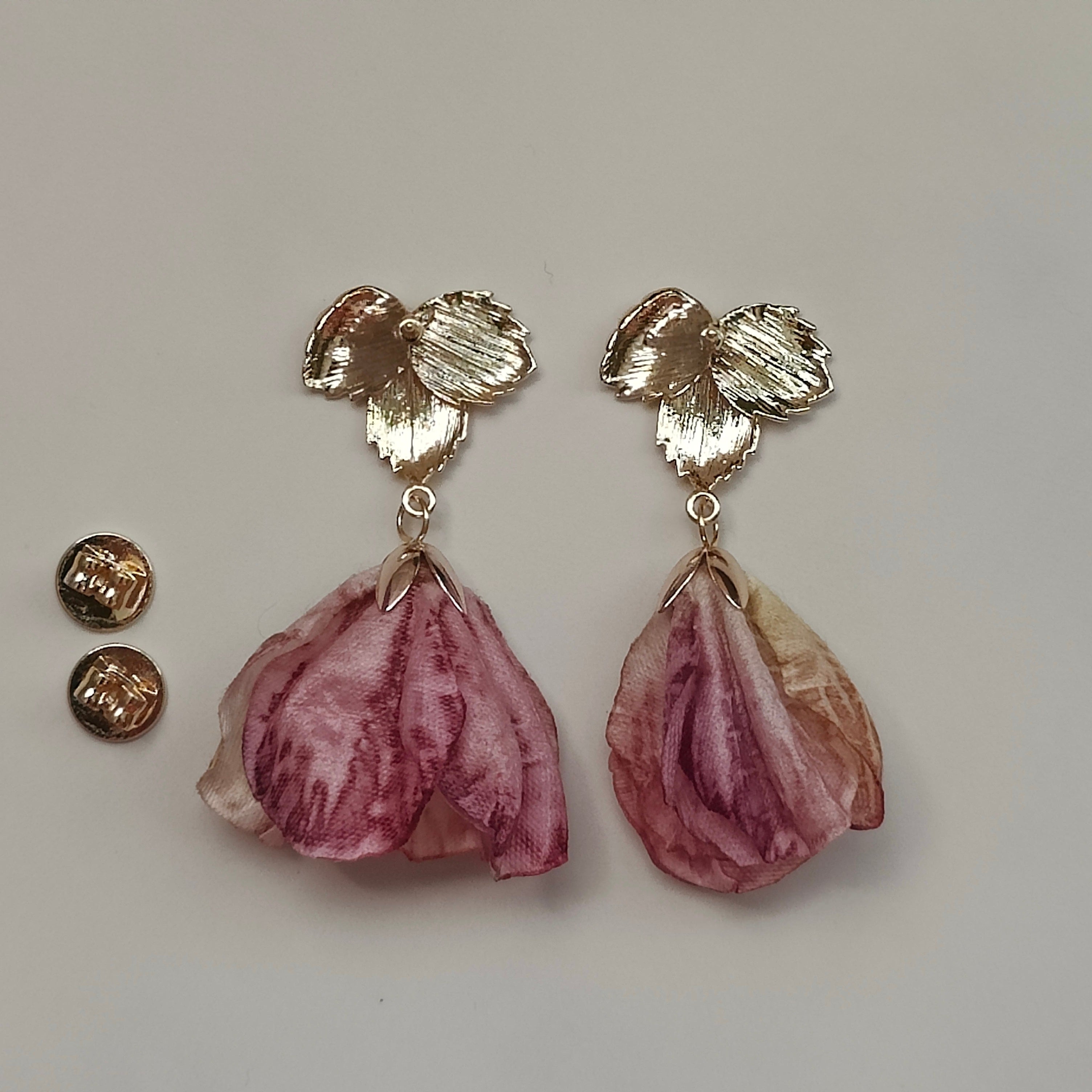 Katharina Handmade 18K Gold Plated Leaf and Pink Flower Copper Stud Drop Earrings