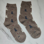 Cats and Hearts Warm Winter Knit Crew Socks in Brown