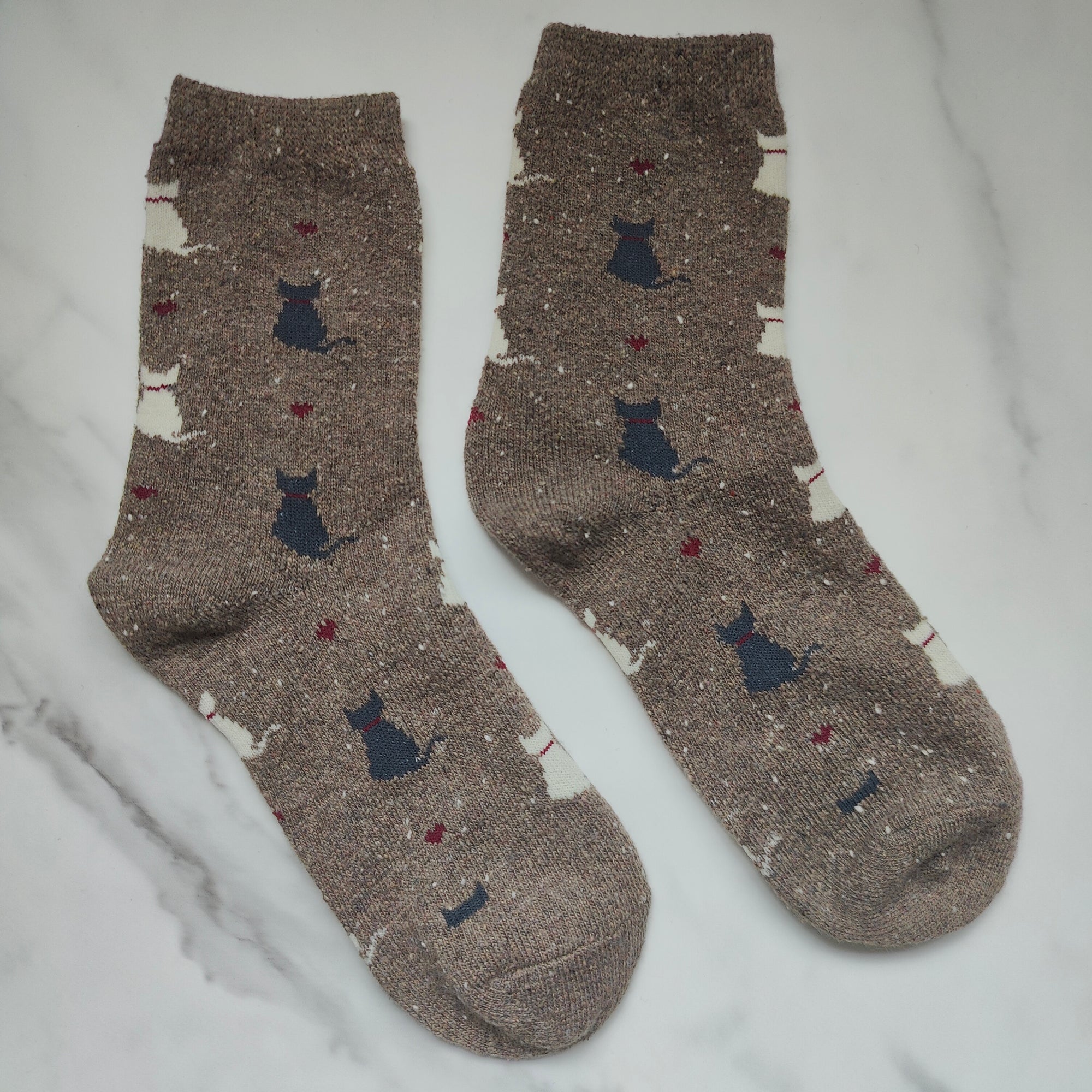 Cats and Hearts Warm Winter Knit Crew Socks in Brown