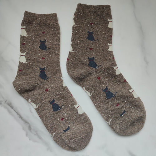 Cats and Hearts Warm Winter Knit Crew Socks in Brown