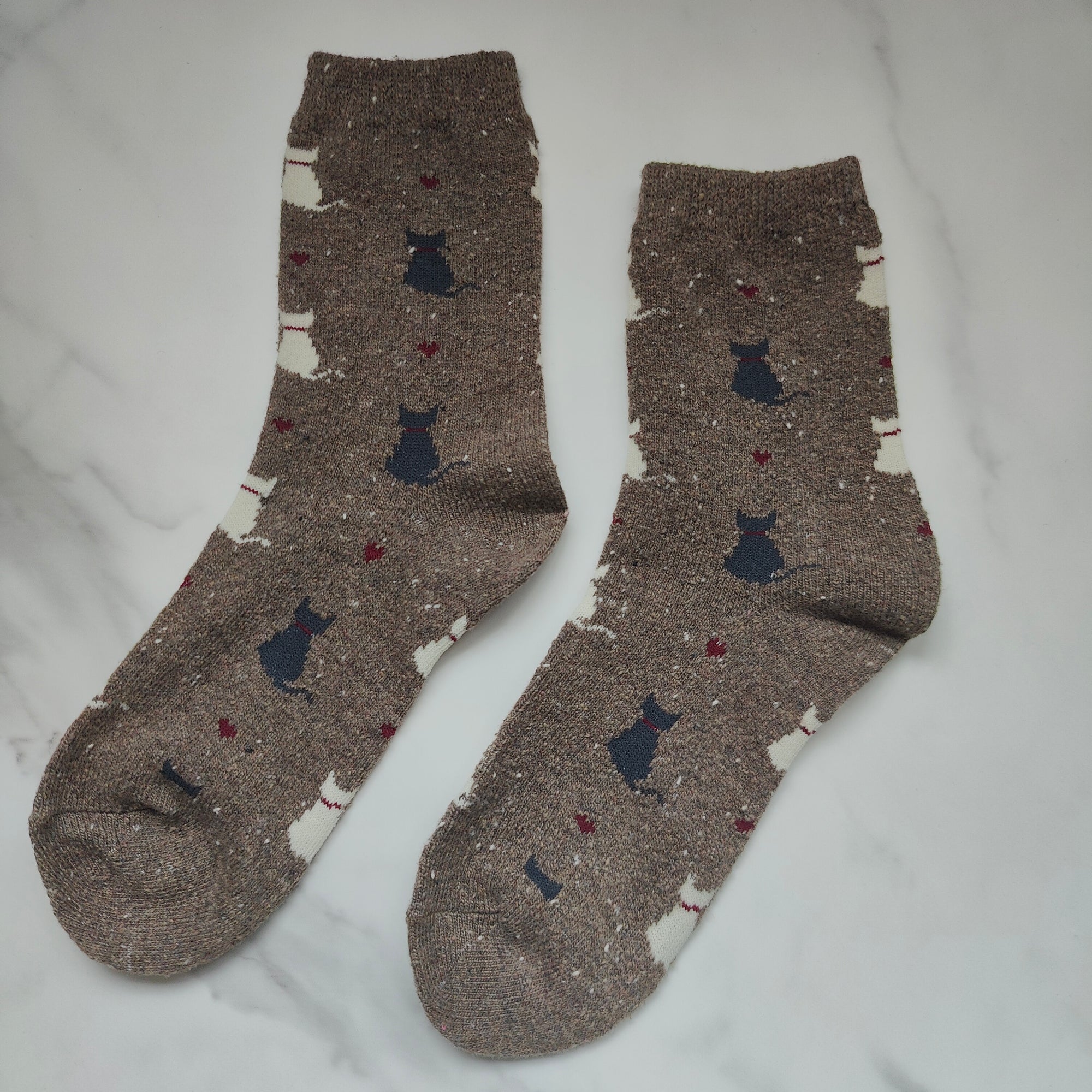 Cats and Hearts Warm Winter Knit Crew Socks in Brown