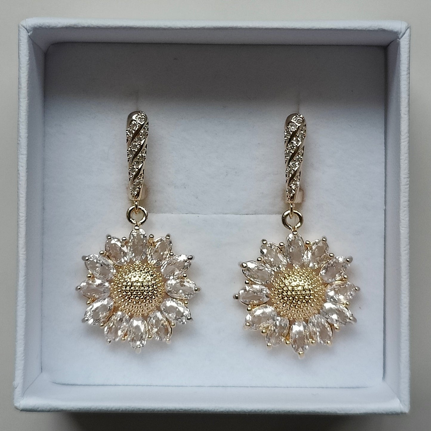 Daniela Handmade 18K Gold Plated Copper Cubic Zirconia Zircon Sunflower French Clip Earrings