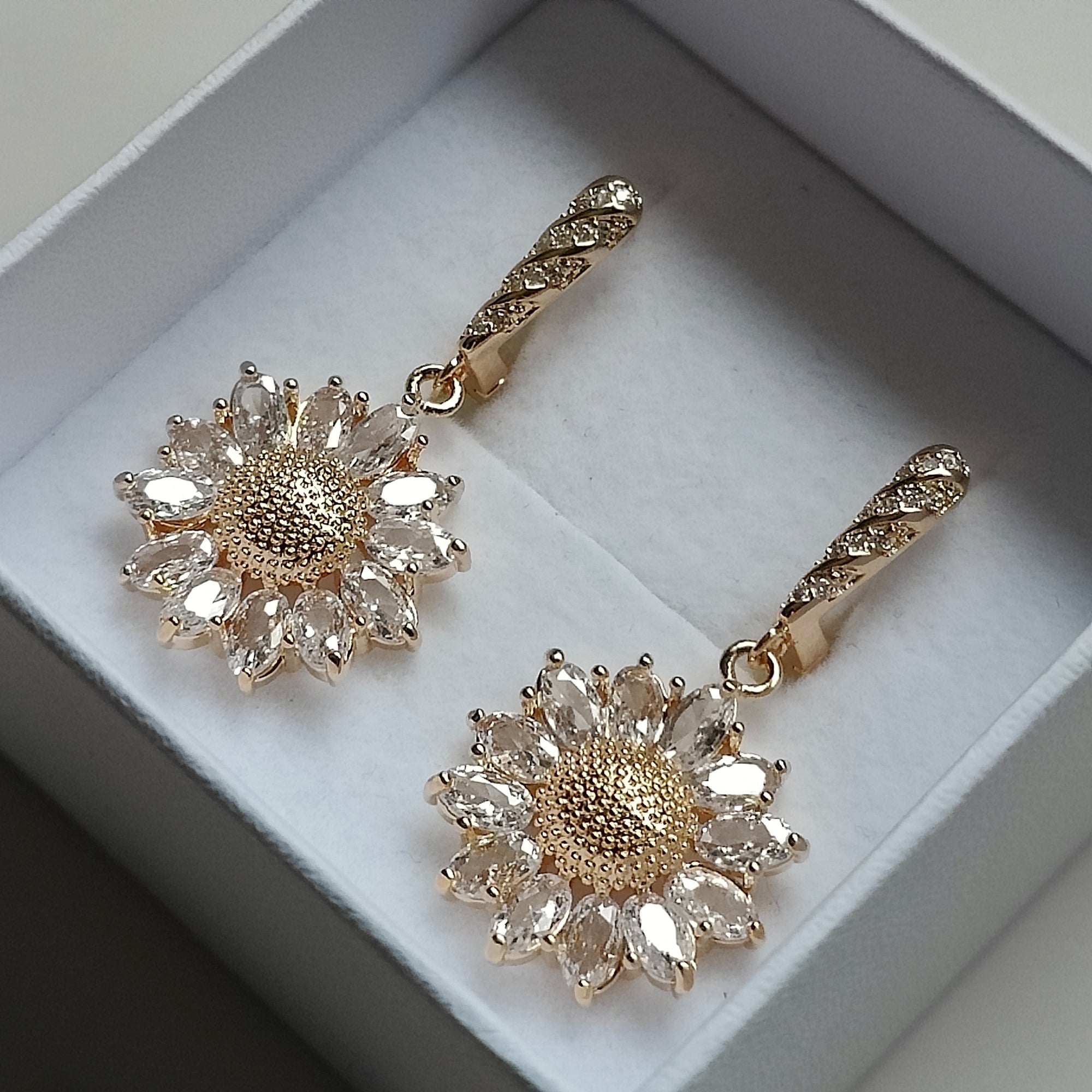 Daniela Handmade 18K Gold Plated Copper Cubic Zirconia Zircon Sunflower French Clip Earrings