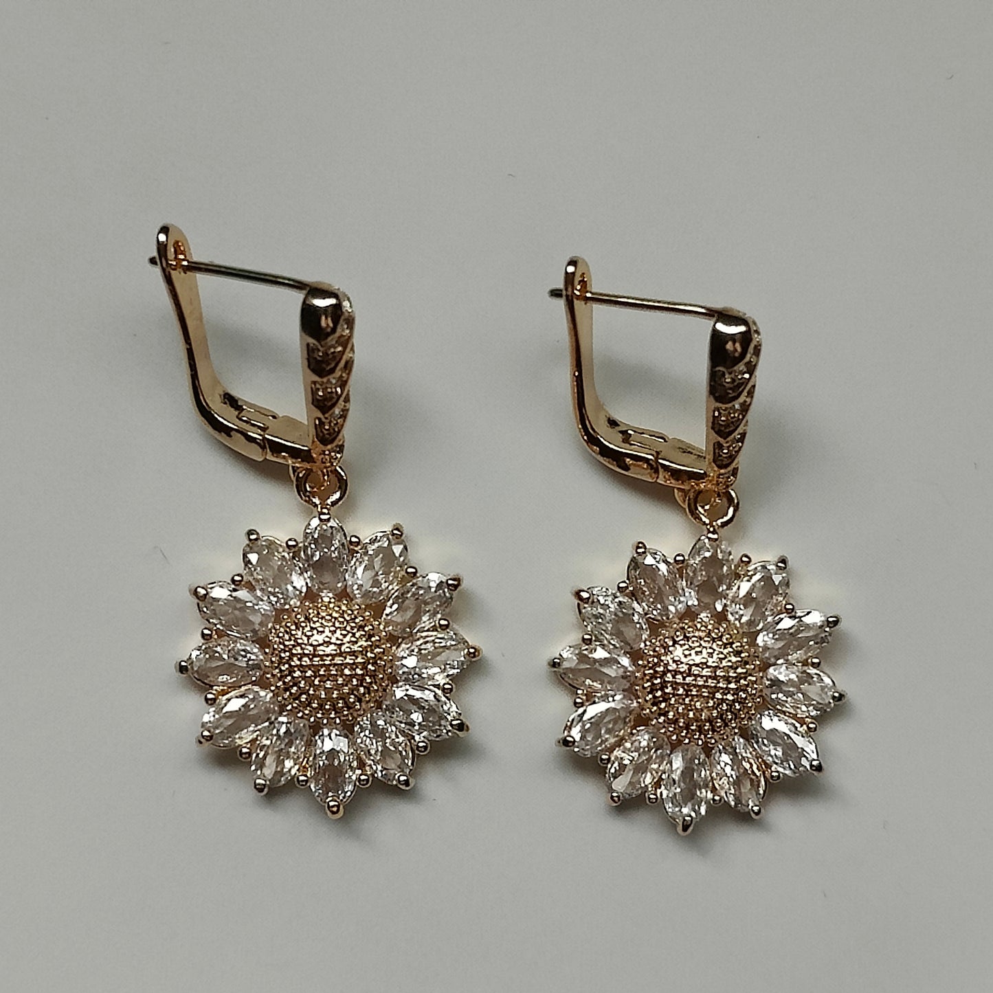 Daniela Handmade 18K Gold Plated Copper Cubic Zirconia Zircon Sunflower French Clip Earrings