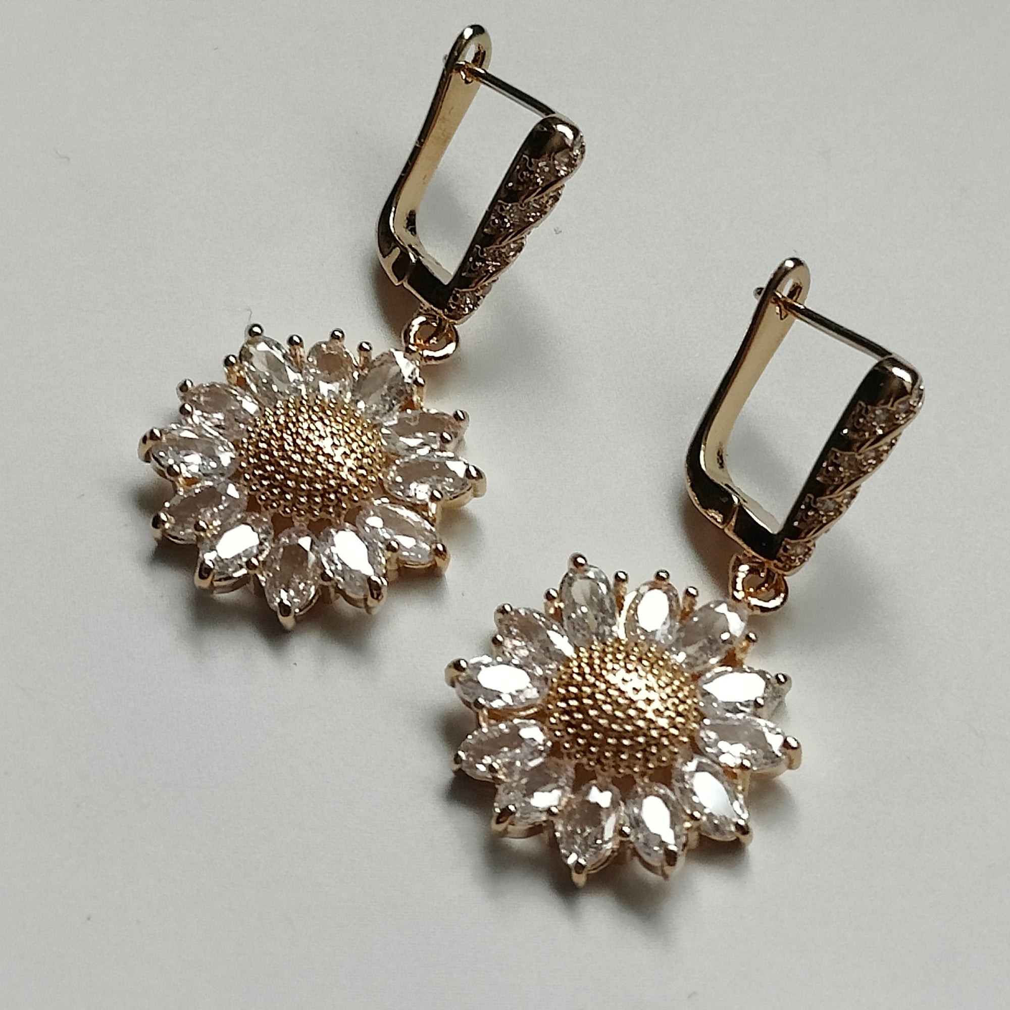 Daniela Handmade 18K Gold Plated Copper Cubic Zirconia Zircon Sunflower French Clip Earrings