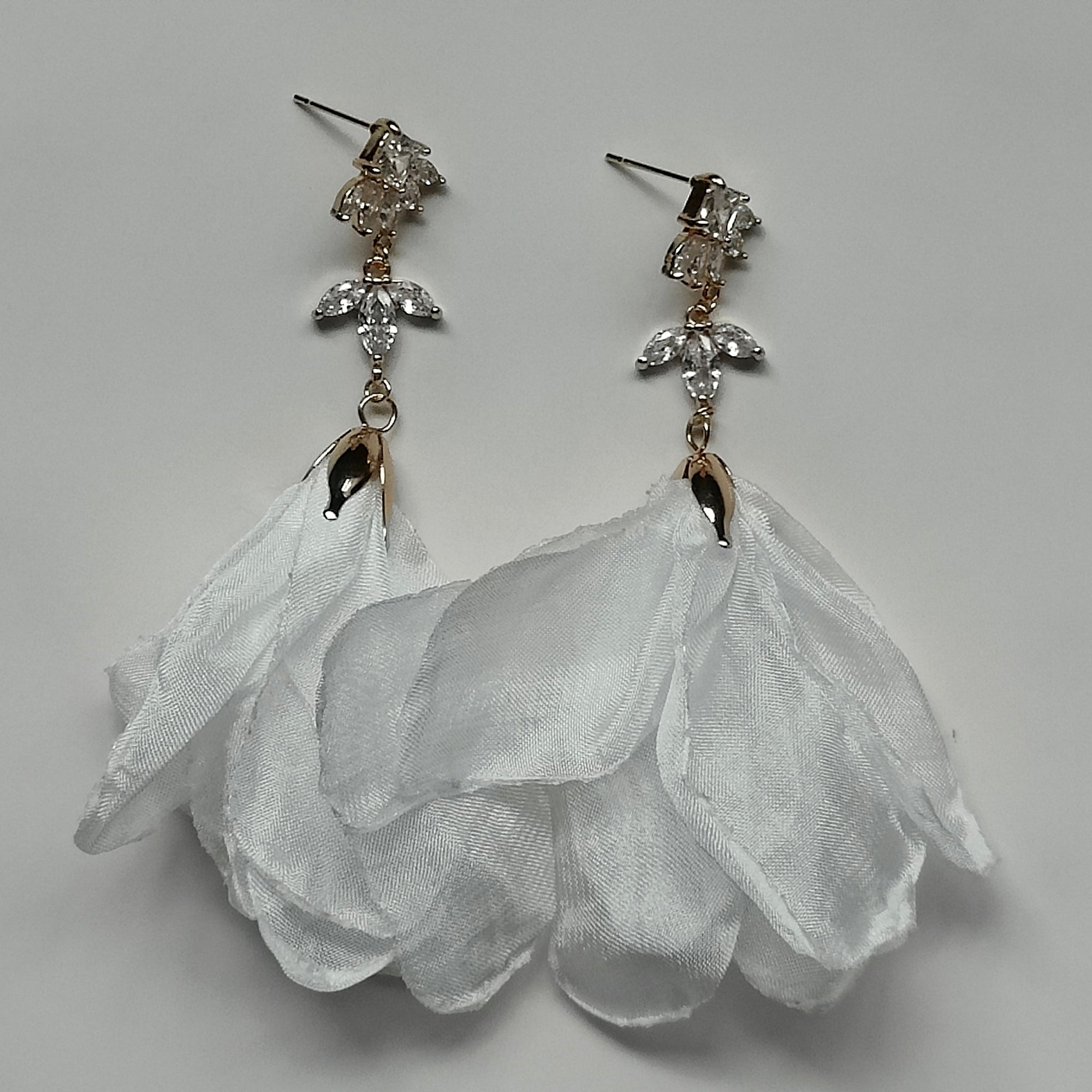 Nichole Handmade 18K Gold Plated Copper Cubic Zirconia Zircon and Fabric Flower Stud Drop Earrings