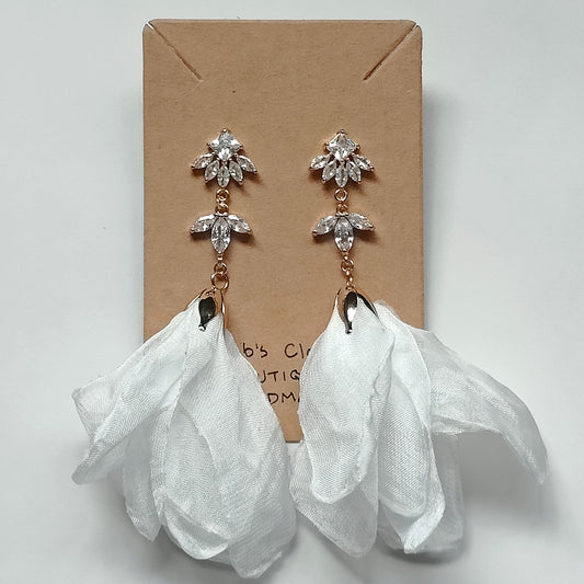 Nichole Handmade 18K Gold Plated Copper Cubic Zirconia Zircon and Fabric Flower Stud Drop Earrings